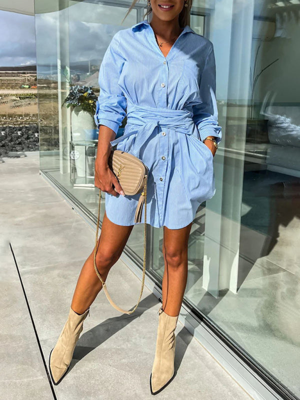 Multi-color Cotton Blend Shirt Dress - Lace-up Waist, Roll Sleeves, Midi Length