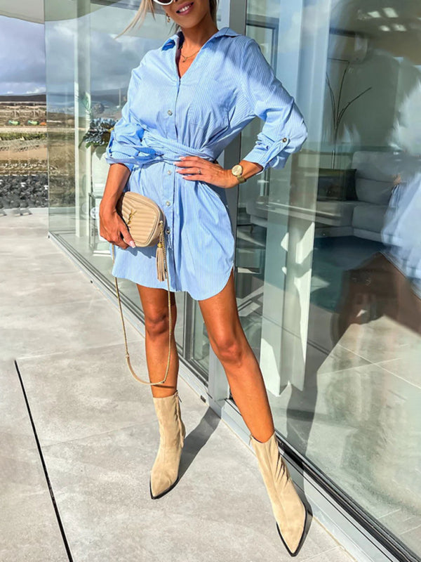 Multi-color Cotton Blend Shirt Dress - Lace-up Waist, Roll Sleeves, Midi Length
