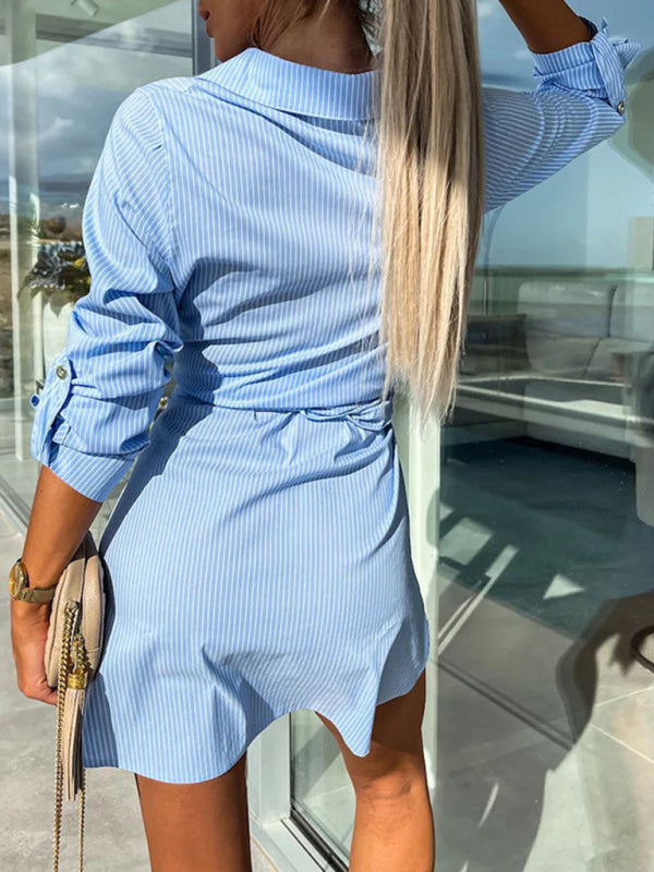 Multi-color Cotton Blend Shirt Dress - Lace-up Waist, Roll Sleeves, Midi Length