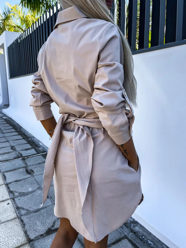 Multi-color Cotton Blend Shirt Dress - Lace-up Waist, Roll Sleeves, Midi Length