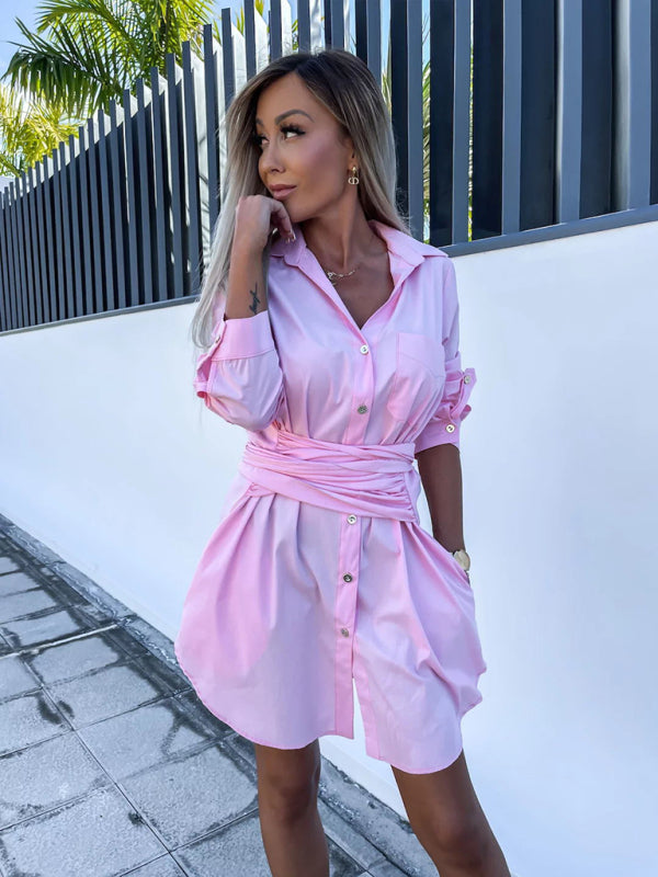 Multi-color Cotton Blend Shirt Dress - Lace-up Waist, Roll Sleeves, Midi Length