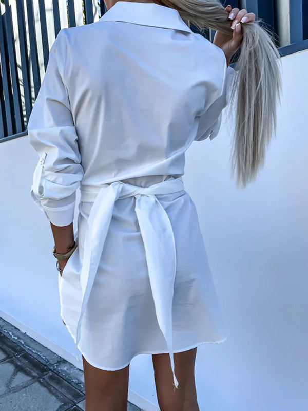 Multi-color Cotton Blend Shirt Dress - Lace-up Waist, Roll Sleeves, Midi Length