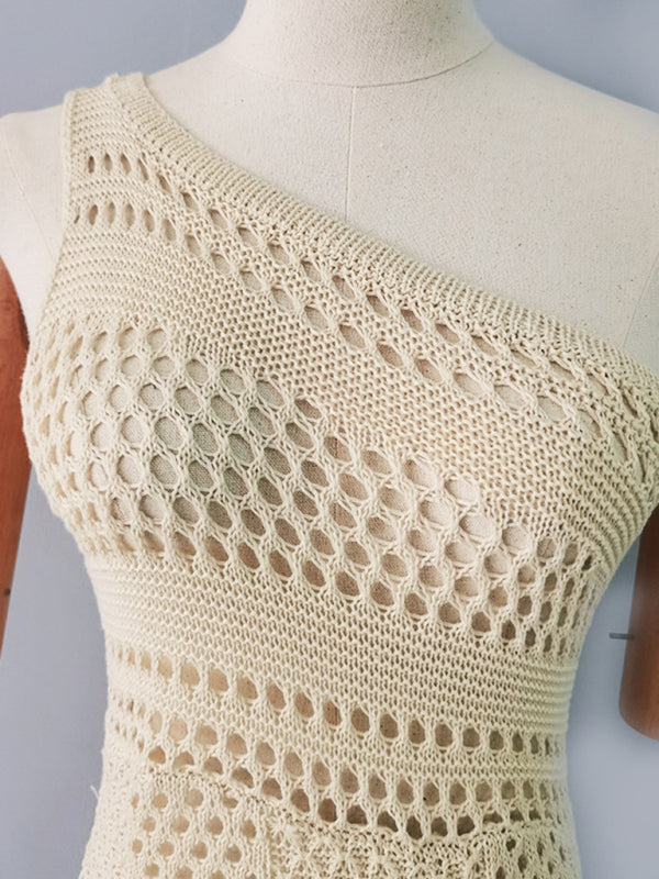 Knit Hollow Sleeveless Mini Dress – Boho Hip-Covering Fit for Spring-Summer