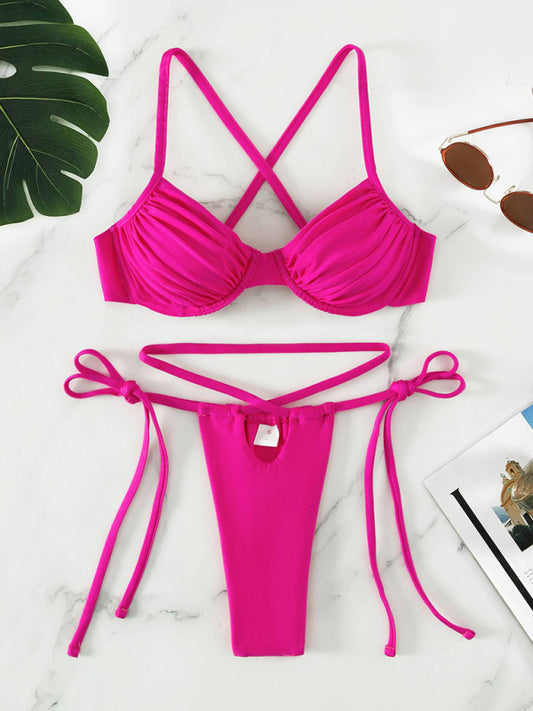 Strappy Split Underwire Bikini – High-Waisted, Solid Rose, Sexy Fit