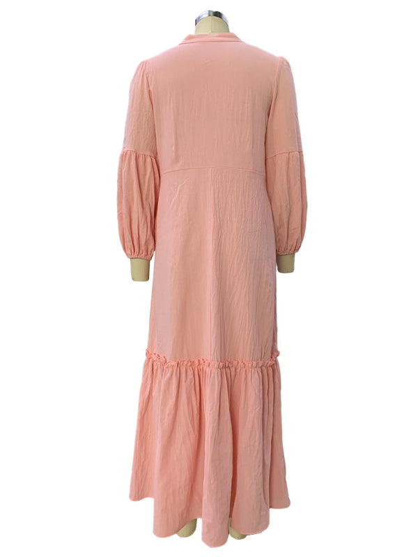 Bohemian V-Neck Cotton & Linen Midi Dress – Puff Sleeves, Pink