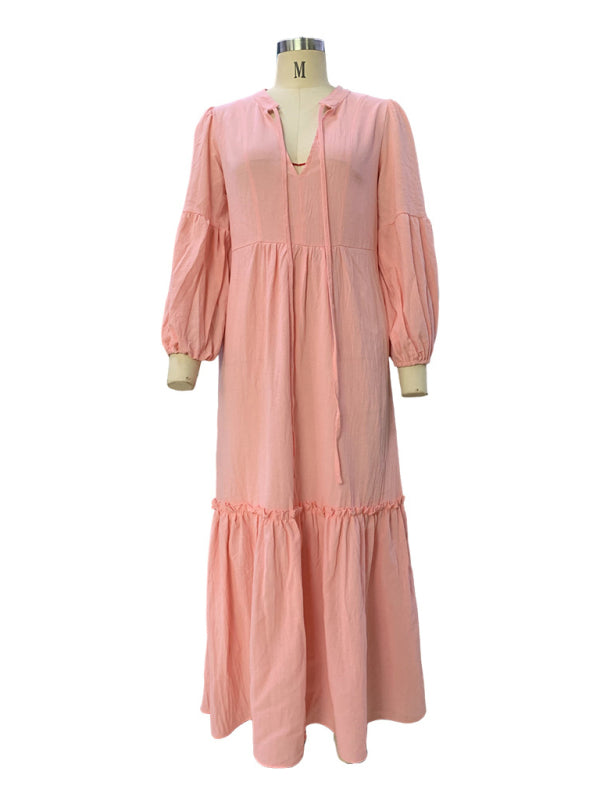 Bohemian V-Neck Cotton & Linen Midi Dress – Puff Sleeves, Pink