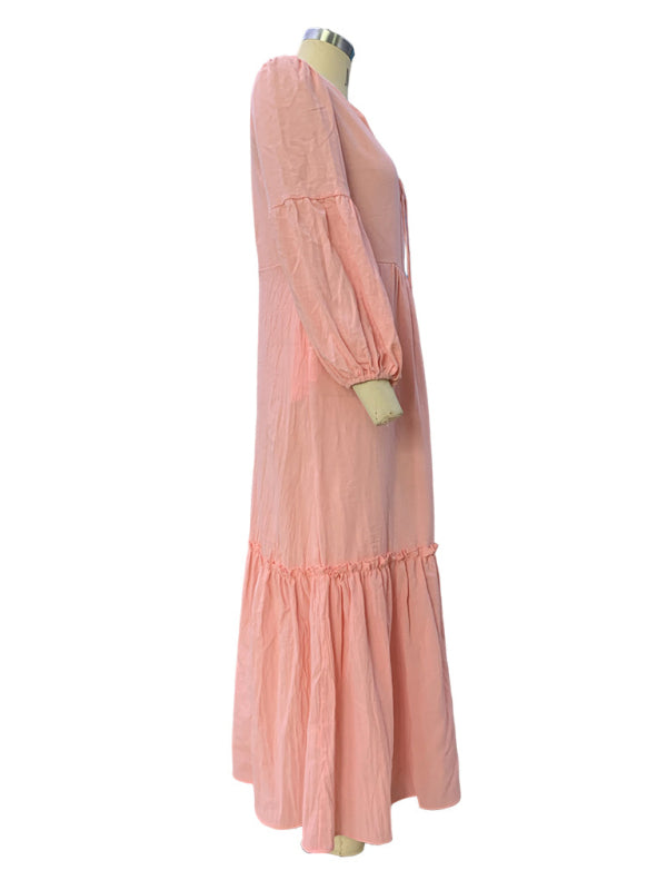 Bohemian V-Neck Cotton & Linen Midi Dress – Puff Sleeves, Pink