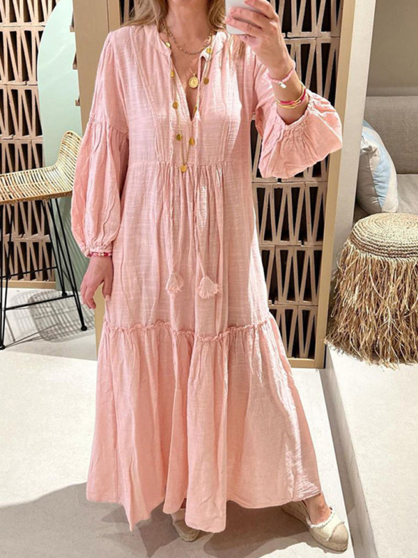 Bohemian V-Neck Cotton & Linen Midi Dress – Puff Sleeves, Pink