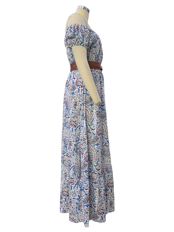 Boho Off-Shoulder Short Sleeve Maxi Dress