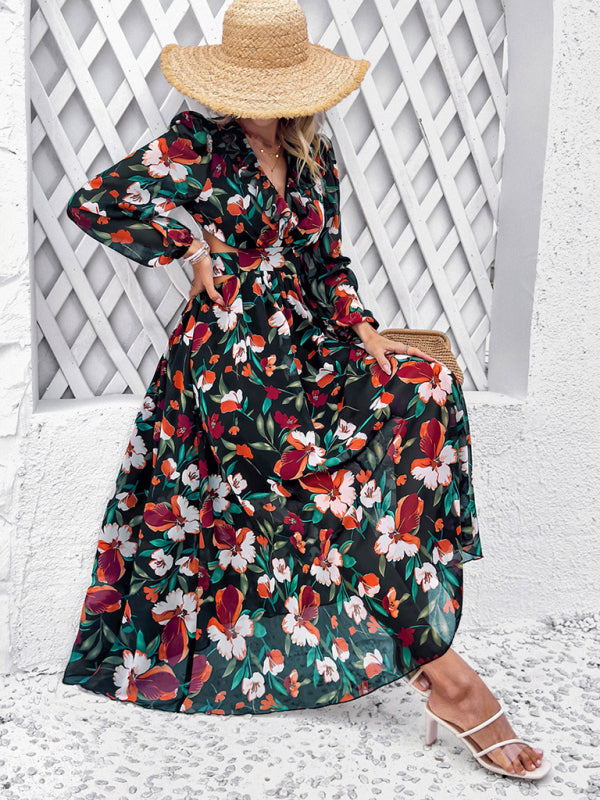 Floral V-Neck Maxi Dress with Ruffle Details & Hollow Waist – Spring Summer Style