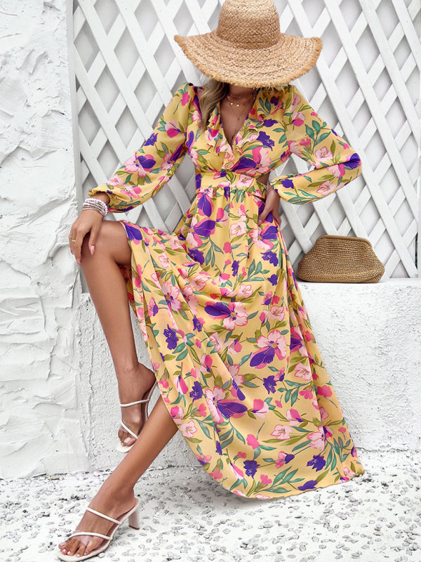 Floral V-Neck Maxi Dress with Ruffle Details & Hollow Waist – Spring Summer Style