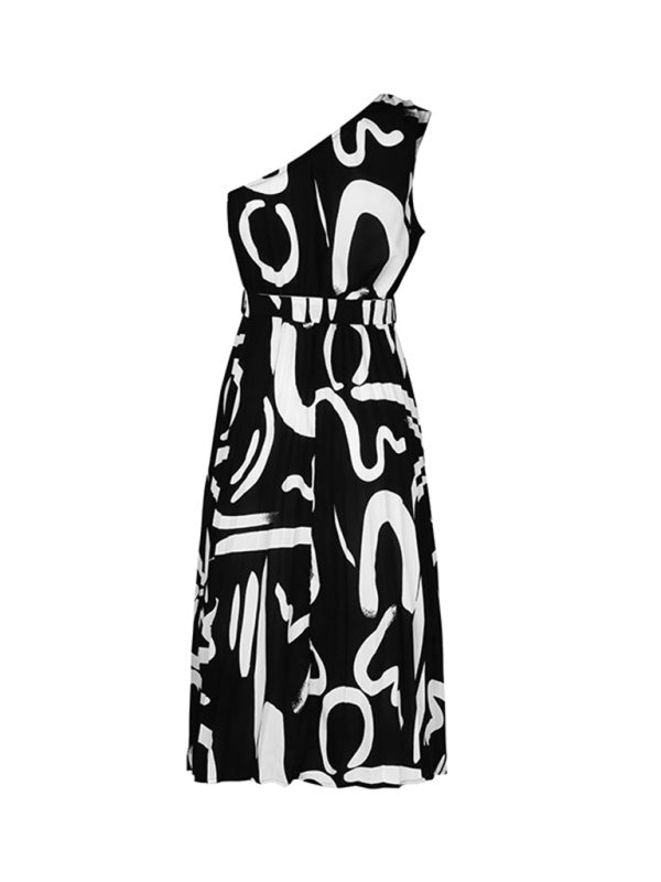 Off-Shoulder Black Midi Dress – Letter Print & Belted Waist for Spring Style