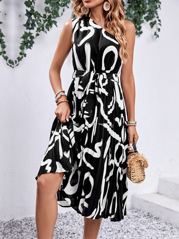 Off-Shoulder Black Midi Dress – Letter Print & Belted Waist for Spring Style