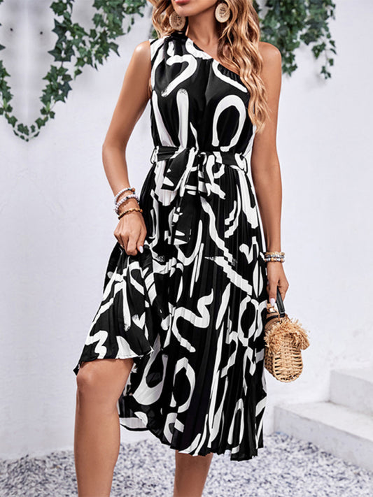 Off-Shoulder Black Midi Dress – Letter Print & Belted Waist for Spring Style