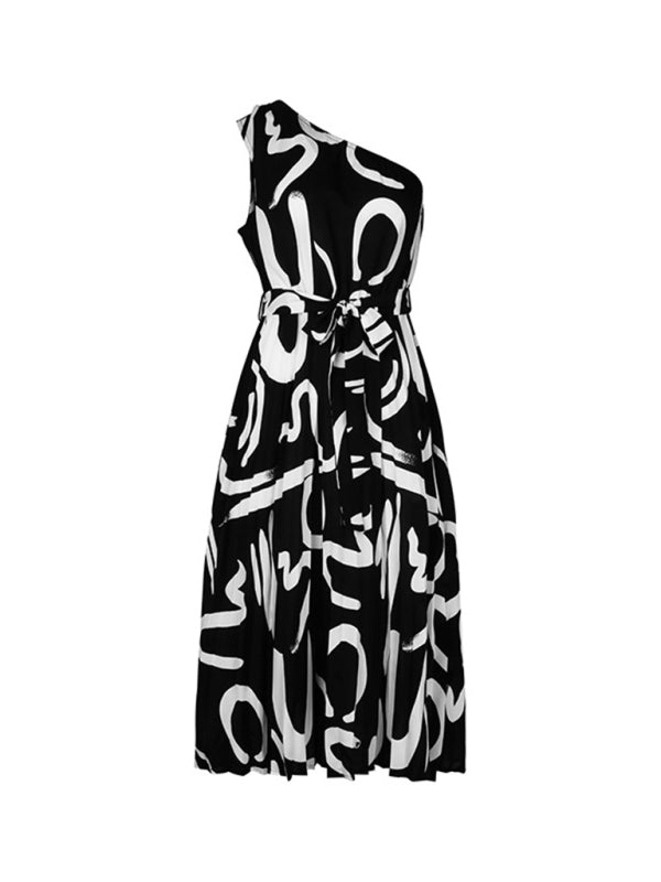 Off-Shoulder Black Midi Dress – Letter Print & Belted Waist for Spring Style
