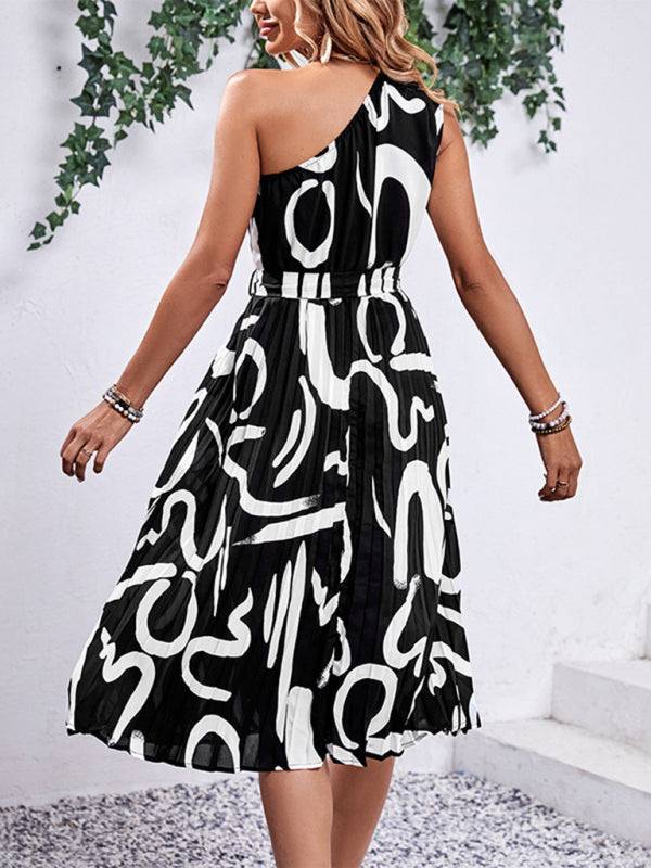 Off-Shoulder Black Midi Dress – Letter Print & Belted Waist for Spring Style