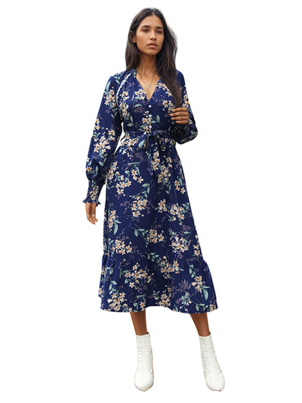 Women's Long Sleeve Floral Maxi Dress – Elegant Woven Spring Look