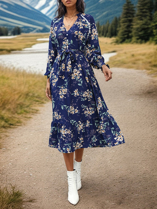 Women's Long Sleeve Floral Maxi Dress – Elegant Woven Spring Look