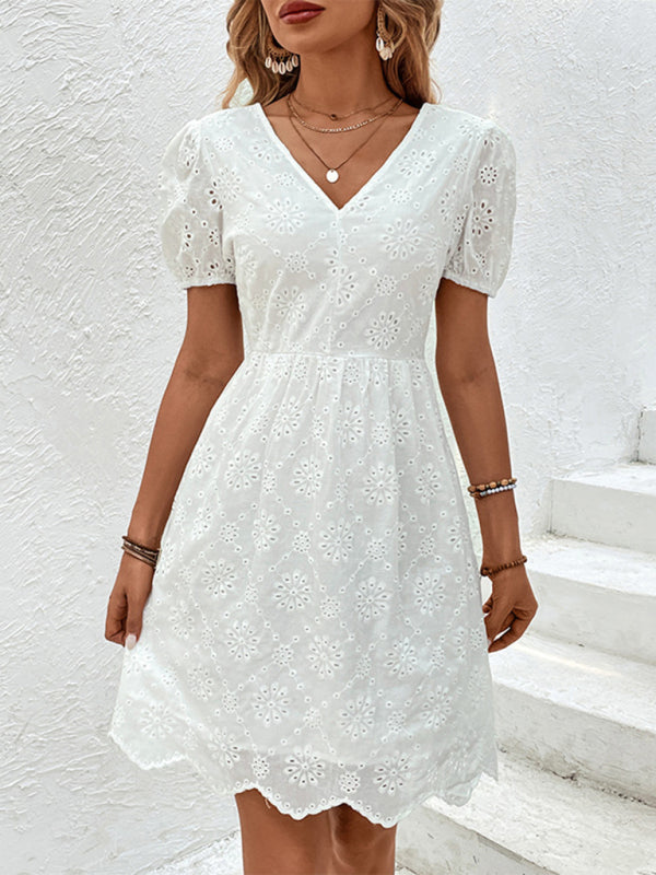 White V-Neck Puff Sleeve Dress – Lightweight Woven Fabric for Summer