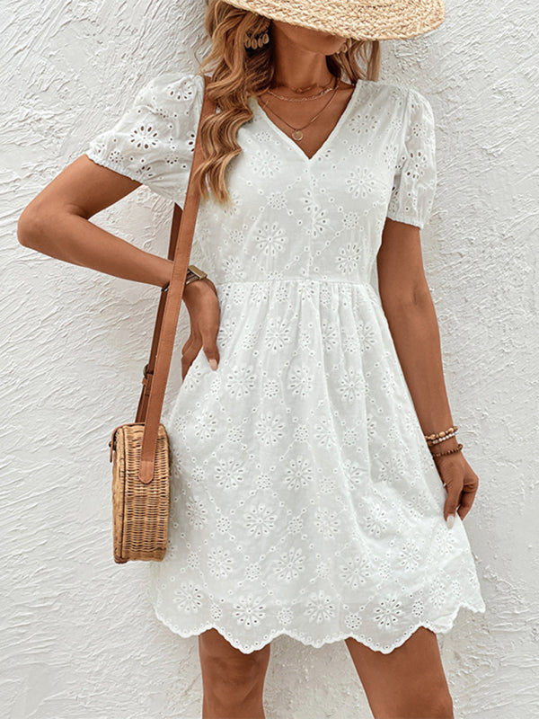 White V-Neck Puff Sleeve Dress – Lightweight Woven Fabric for Summer