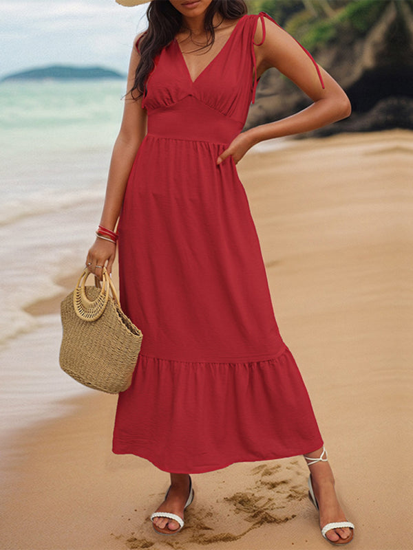 Elegant Backless Resort Dress – Woven Fabric, Drawstring Shoulder Straps, Red