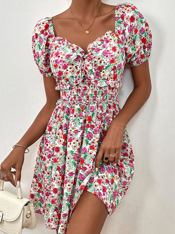 High Waist Puff Sleeve Floral Mini Dress – Spring Summer Violet Rose