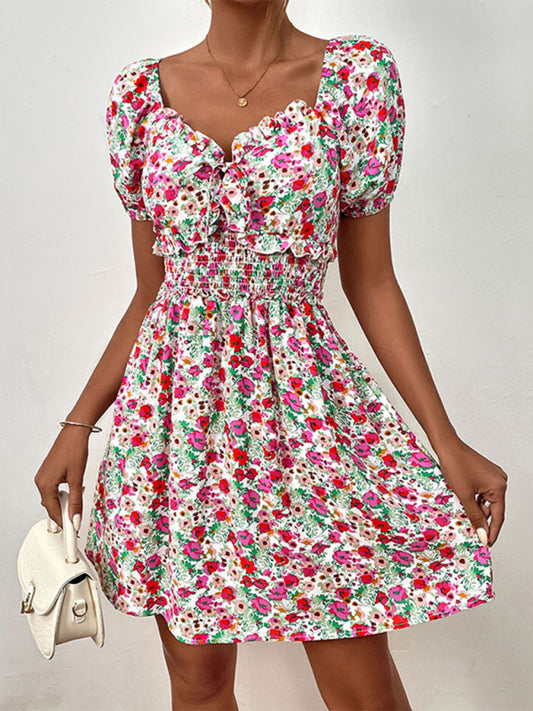 High Waist Puff Sleeve Floral Mini Dress – Spring Summer Violet Rose