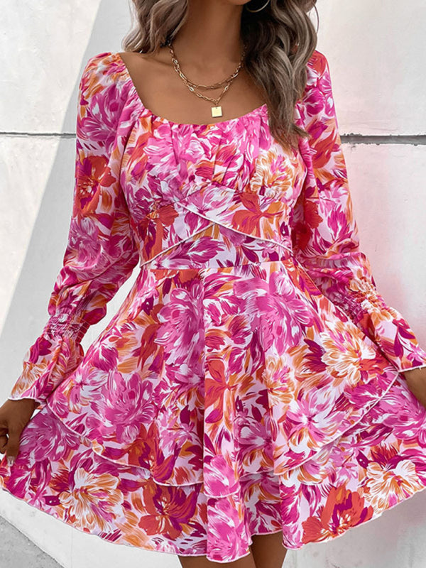 Floral Ruffle Mini Dress – Square Neck, Short Sleeves, Spring Summer Style