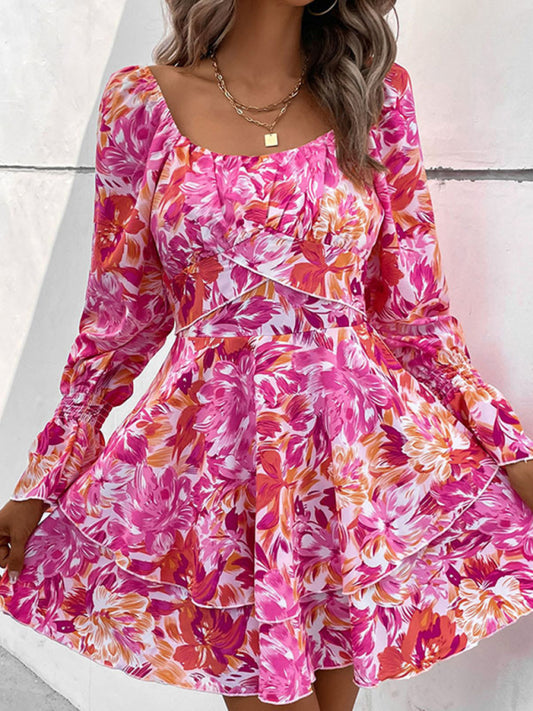 Floral Ruffle Mini Dress – Square Neck, Short Sleeves, Spring Summer Style