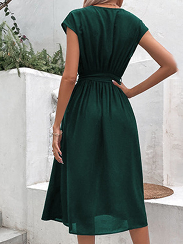 Strappy V-Neck Midi Dress – Solid Color, Woven Polyester, Spring-Summer Style