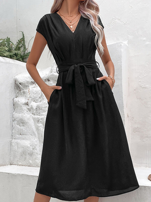 Strappy V-Neck Midi Dress – Solid Color, Woven Polyester, Spring-Summer Style