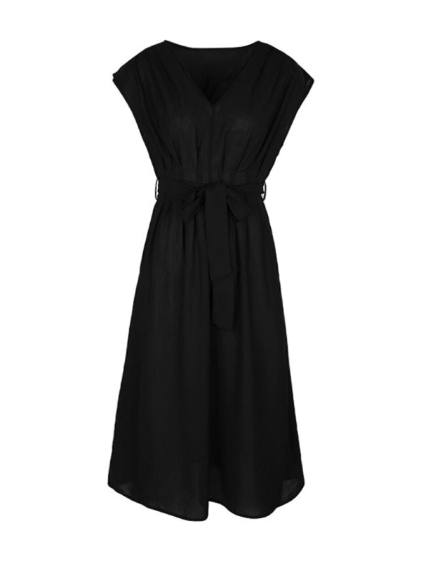 Strappy V-Neck Midi Dress – Solid Color, Woven Polyester, Spring-Summer Style