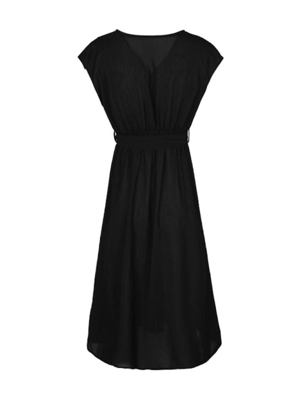 Strappy V-Neck Midi Dress – Solid Color, Woven Polyester, Spring-Summer Style