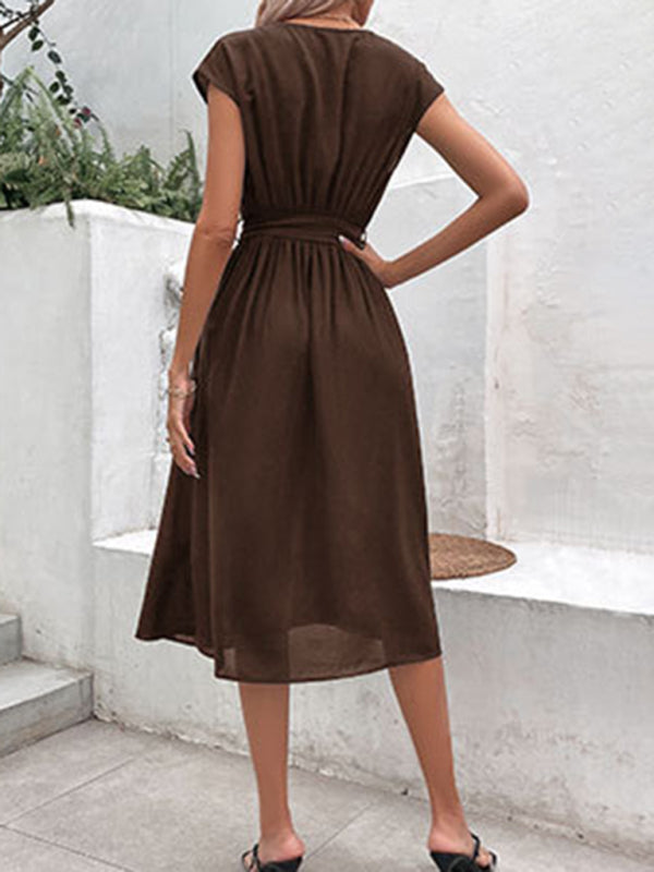 Strappy V-Neck Midi Dress – Solid Color, Woven Polyester, Spring-Summer Style