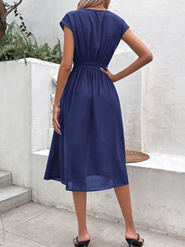 Strappy V-Neck Midi Dress – Solid Color, Woven Polyester, Spring-Summer Style