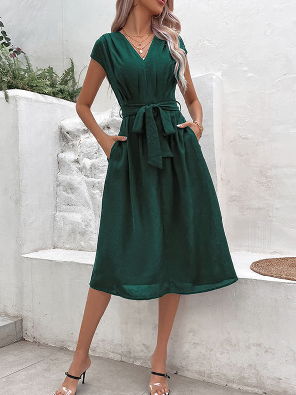 Strappy V-Neck Midi Dress – Solid Color, Woven Polyester, Spring-Summer Style