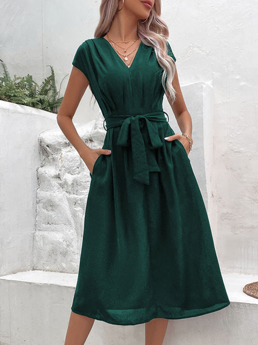 Strappy V-Neck Midi Dress – Solid Color, Woven Polyester, Spring-Summer Style