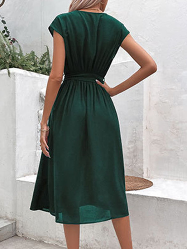 Strappy V-Neck Midi Dress – Solid Color, Woven Polyester, Spring-Summer Style