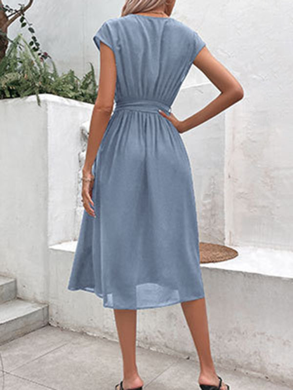 Strappy V-Neck Midi Dress – Solid Color, Woven Polyester, Spring-Summer Style