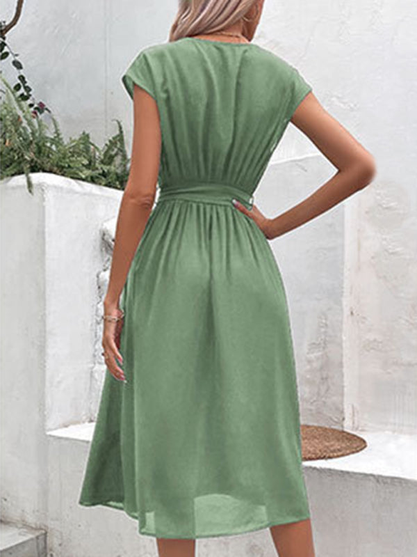 Strappy V-Neck Midi Dress – Solid Color, Woven Polyester, Spring-Summer Style