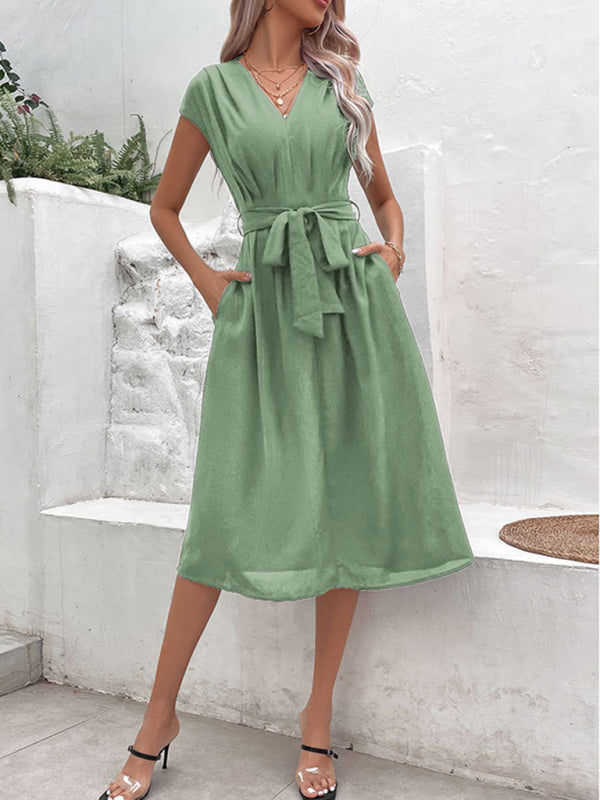 Strappy V-Neck Midi Dress – Solid Color, Woven Polyester, Spring-Summer Style
