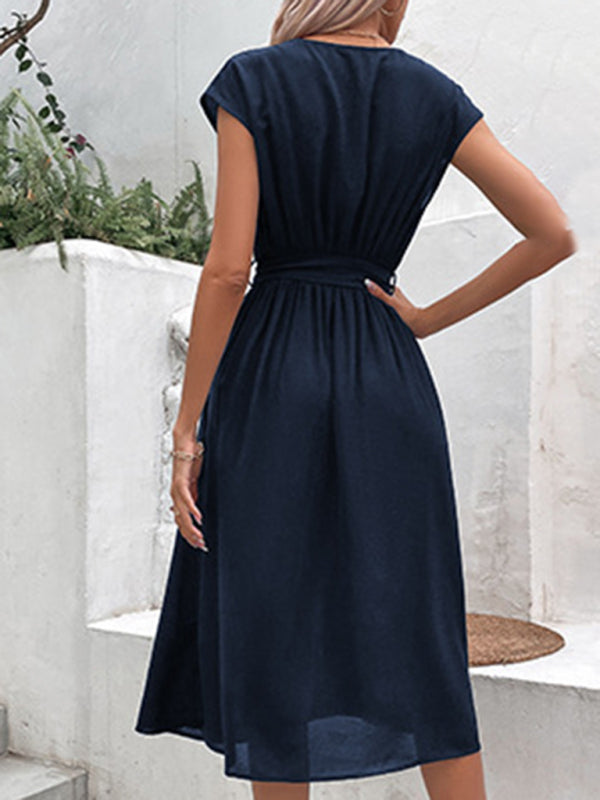 Strappy V-Neck Midi Dress – Solid Color, Woven Polyester, Spring-Summer Style