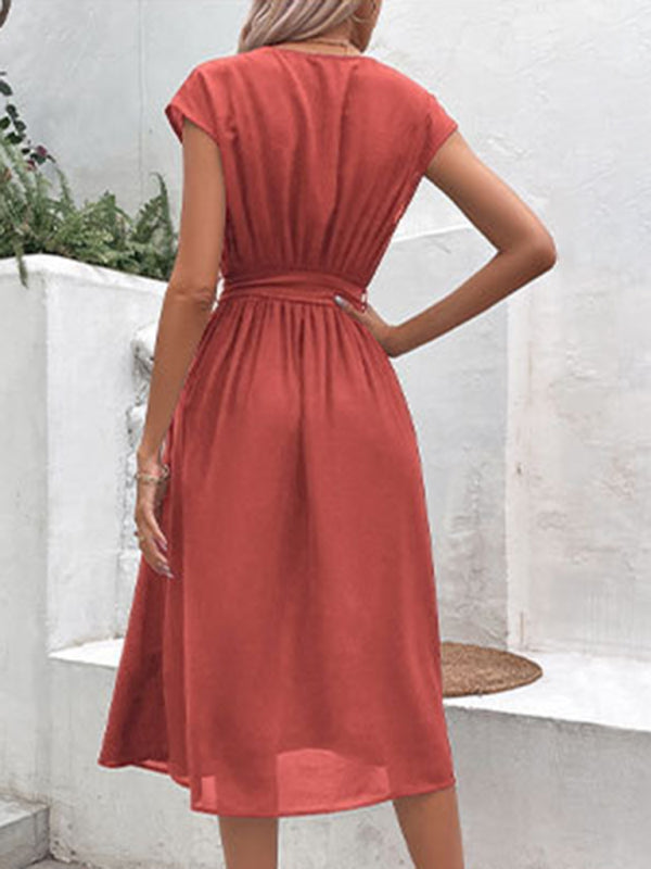 Strappy V-Neck Midi Dress – Solid Color, Woven Polyester, Spring-Summer Style