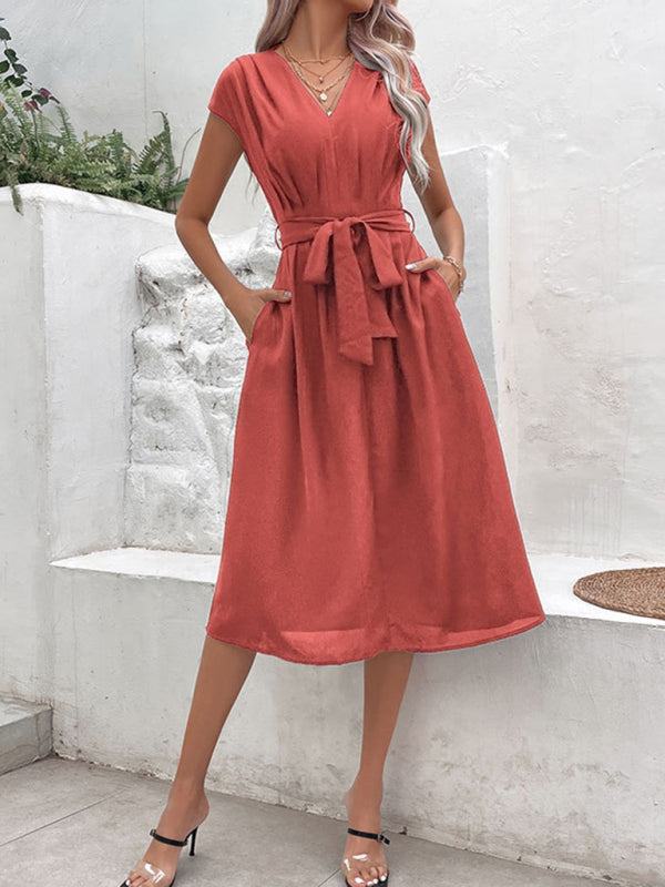 Strappy V-Neck Midi Dress – Solid Color, Woven Polyester, Spring-Summer Style