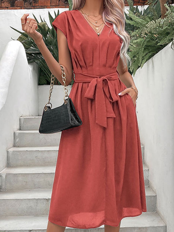 Strappy V-Neck Midi Dress – Solid Color, Woven Polyester, Spring-Summer Style