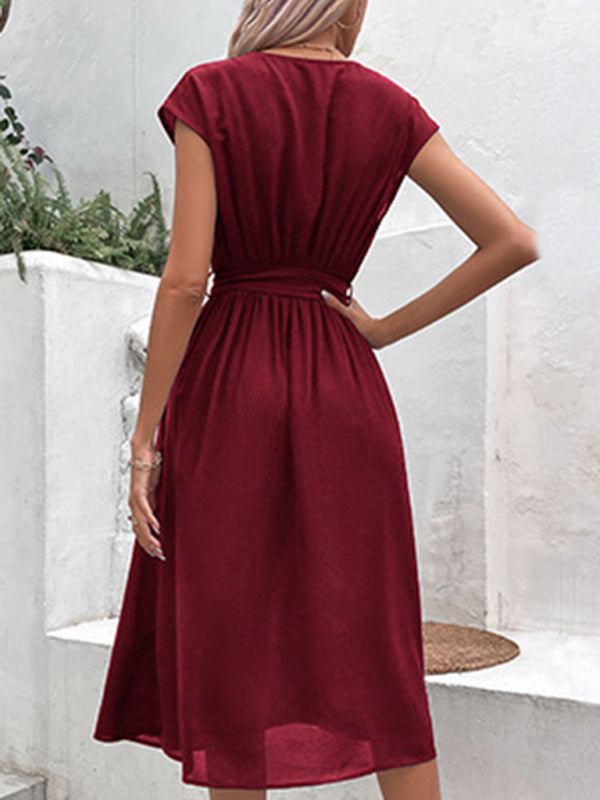 Strappy V-Neck Midi Dress – Solid Color, Woven Polyester, Spring-Summer Style