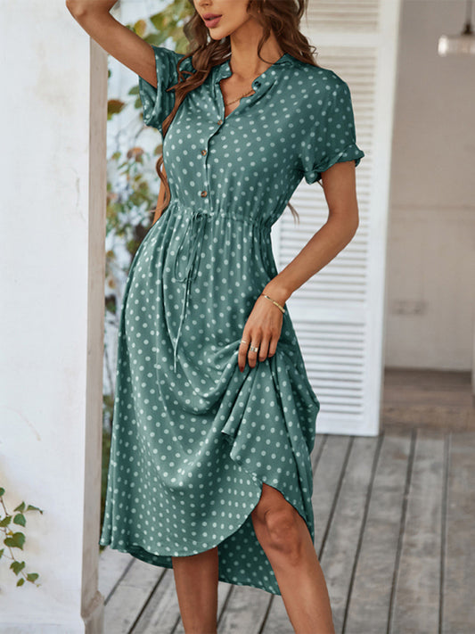 Shirt Collar Polka Dot Waist Dress – Lightweight Rayon Spring Style