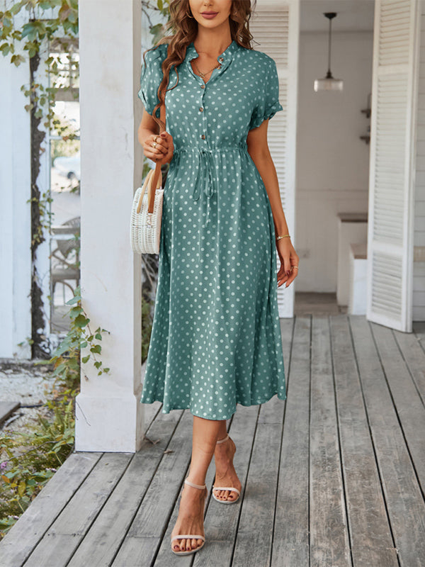Shirt Collar Polka Dot Waist Dress – Lightweight Rayon Spring Style