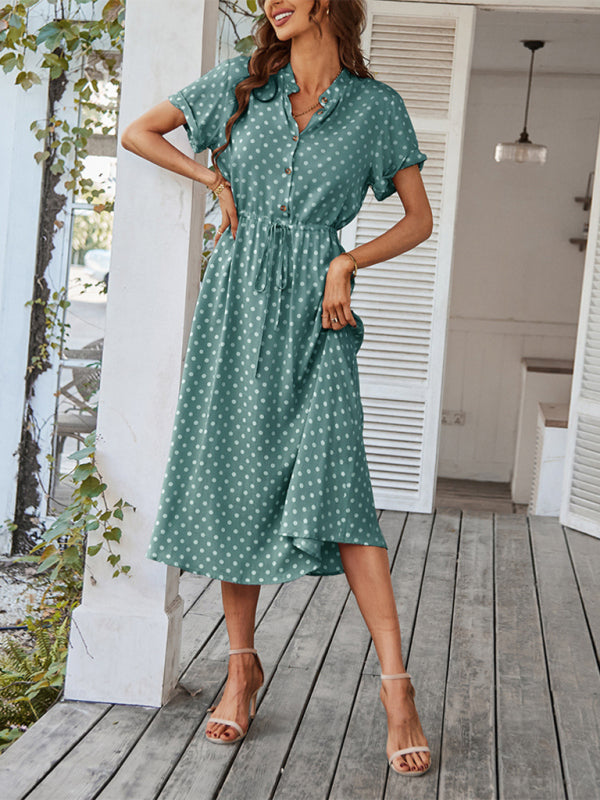 Shirt Collar Polka Dot Waist Dress – Lightweight Rayon Spring Style