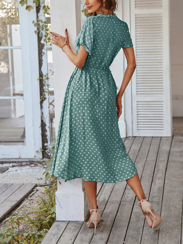 Shirt Collar Polka Dot Waist Dress – Lightweight Rayon Spring Style